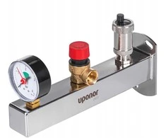 Uponor 3 barų INOX saugos grupė su manometru, apsauginiu vožtuvu ir automatiniu centrinio šildymo oro išleidimo anga