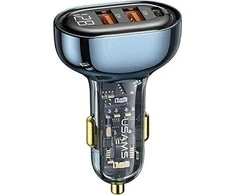 USAMS automobilinis įkroviklis 2xUSB+1xUSB-C 125W Fast Charge transparent mėlynos spalvos CC158CC02 (US-CC158)