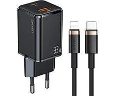 USAMS Tinklo įkroviklis 1xUSB-C+1xUSB T43 33W PD3.0 +QC3.0 + kabelis U63 USB-C lightning juodos spalvos USKTZ01
