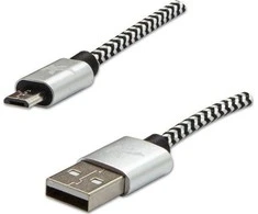 Logotipas USB kabelis (2.0), USB A M - microUSB (M), 1m, 480 Mb/s, 5V/2A, sidabrinė, dėžutė, nailono pynė, aliuminio jungties dangtelis