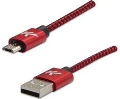 USB kabelio logotipas (2.0), USB A M - microUSB (M), 2m, 480 Mb/s, 5V/1A, raudonas, dėžutė, nailono pynė, aliuminio jungties dangtelis