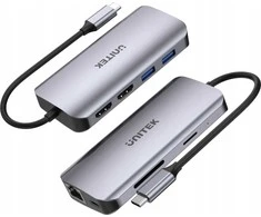 USB-C šakotuvas - UNITEK 2X HDMI 4K, RJ45, PD 100W Pilkas