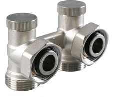 Varioterm Vario term dvigubas prijungiamasis vožtuvas V tipo kampinis 3/4''x3/4'', be niplių, nikelis 000M855A001