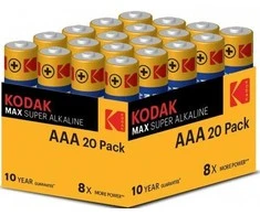 Vienkartinės šarminės baterijos, pirštui, AAA, 1,5 V, Kodak, lizdinė plokštelė, 20 vnt. pakuotė, KOD-LR3MAXBL8, Alkaline Max