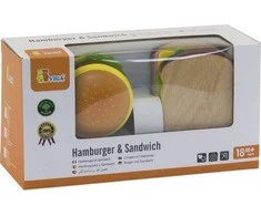 Viga Žaislas - Virtuvės įranga - Pjaustymo rinkinys su hamburgeriu ir sumuštiniu