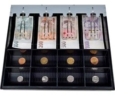 Virtuos pinigų stalčius C430D - su laidu, metaliniais laikikliais, nerūdijančio plieno skydeliu, 9-24V, juoda