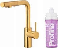 Virtuvės maišytuvas KFA DUERO PURE BASIC IŠTRAUKIAMAS VIRTUVĖS MAIŠYTUVAS SU VANDENS FILTRAVIMO FUNKCIJA IR IŠTRAUKIAMU SNAPELIU + PROFINE LILAC S FILTRŲ RINKINYS, ŠLIFUOTO AUKSO SPALVOS