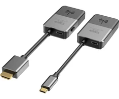 Vision siųstuvas prijungiamas prie nešiojamojo kompiuterio USBC prievado - Belaidžiu būdu perduoda HDMI signalą iki 10 m - Imtuvas prijungiamas prie ekrano HDMI prievado - raiška iki 4K esant 30 Hz - optimizuotas naudoti ženklinimo ir pristatymų srityse