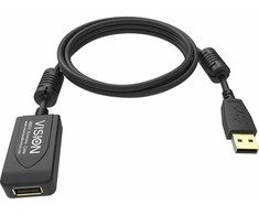 Vision installationstaugliches USB 2.0-Aktiv-Verlangerungskabel - 30 JAHRE GARANTIE - Gold-Steckverbinder - Ferritkerne - 480 Mbit/s - Abschirmgeflecht mit uber 65 % Abdeckung - USB-A (F) zu USB-A (M) - Aussendurchmesser 4,5 mm - 28 + 24 AWG - 5 m - S