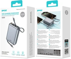 Powerbank Wekome BWOO power bank P73 22.5W 20000 mAh su 2 wbudowanymi kablami 1 x USB-C 1 x Lightning sidabrinė