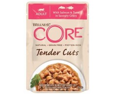 Whiskas „Core Tender Cuts“ šlapias katėms skirtas ėdalas su lašiša ir tunu padaže, 85 g, pakelis, 8 vnt./EKSPONUOTI