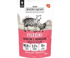 VILLAGE FARM vištiena Filė su ėriena – šlapias katėms skirtas ėdalas – 85 g