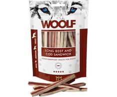 WOOLF jautienos ir menkės sumuštinis su ilgu mėsa - šunų skanėstas - 100 g