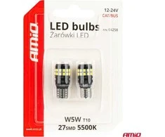 LED lemputės canbus t10 w5w 27smd 2016 baltas 12v 24v amio-04258