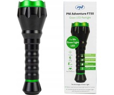 PNI Adventure F750 aliumininis žibintuvėlis su žalia šviesa, LED 10W, 500 lm, iki 850 m, IP44, komplekte 4000mAh baterija, įkrovimas per USB Type-C, žalia šviesa puikiai tinka medžioklei