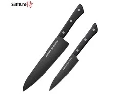 Samura Shadow rinkinys iš 2 virtuvinių peilių 208mm ir 120mm AUS-8 neprilimpančia tamsia danga 58 HRC