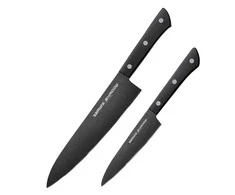 Samura Shadow rinkinys iš 2 virtuvinių peilių 208mm ir 120mm AUS-8 neprilimpančia tamsia danga 58 HRC