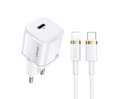 USAMS Laidinis įkroviklis 1xUSB-C T36 mini 20W + USB-C to Lightning cable baltos spalvos PD3.0 Fast Charging XFKXLOG