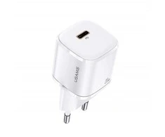 USAMS Tinklo įkroviklis 1xUSB-C T36 mini 20W + kabelis USB-C-Lightning baltos spalvos PD3.0 Fast Charging XFKXLOGTL02 (US-CC124+US-SJ484)