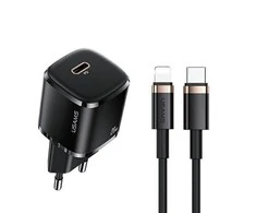 USAMS Laidinis įkroviklis 1xUSB-C T36 mini 20W + USB-C to Lightning cable juodos spalvos PD3.0 Fast Charging XFKXLO
