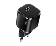 USAMS Tinklo įkroviklis 1xUSB-C T36 mini 20W + kabelis USB-C-Lightning juodos spalvos PD3.0 Fast Charging XFKXLOGTL01 (US-CC124+US-SJ484)