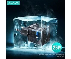 USAMS Laidinis įkroviklis 1xUSB-C T42 mini 25W (only head) Super SI 5V-3A PD3.0 Fast Charging juodos spalvos CC1