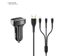 Automobilinis įkroviklis (2xUSB) su Type-C, Lightning, Micro USB laidu, USAMS, 2.1A, juodas