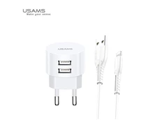 Usams kelioninis USB įkroviklis + lightning laidas , Baltas