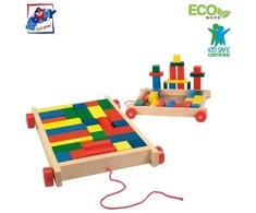 Woody 90007 Eco Wooden Mokomasis vežimėlis su spalvotais blokeliais statybai (34vnt) vaikams nuo 3 metų (20x15cm)