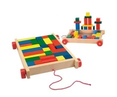 Woody 90007 Eco Wooden Mokomasis vežimėlis su spalvotais blokeliais statybai (34vnt) vaikams nuo 3 metų (20x15cm)