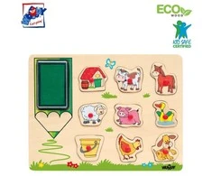 Dėlionė Woody 91184 Eco mediniai mokomieji ir linksmi galvosūkiai-antspaudai – Ūkio gyvūnai (10 vnt.) 3 metų ir vyresniems vaikams (30x21cm)