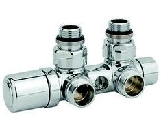 Dvigubas radiatoriaus pajungimas Twinvalve 1/2` x 24-19, 90°, chromas
