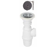 izlietnes sifons ar izplūdi un korķi ar ķēdi, 1½ x 40 mm, bez noteces, plastmasa, balts