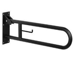 Vertical swing up grab bar with a toilet paper roll holder, made of AISI 201 stainless steel, matte