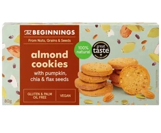 KNYGA Veganiški migdoliniai sausainiai THE BEGINNINGS, su moliūgu, chia ir linų sėklomis, 80 g