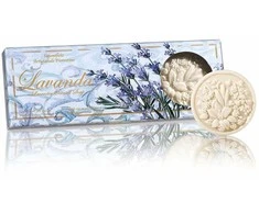 SAF FIORENTINO apvalių muilų su gėlių rašto įspaudu rinkinys Levanda, 3x125 g