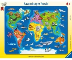 Ravensburger Dėlionė 30 vnt. - Pasaulio žemėlapis su gyvūnais