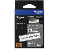 Brother TZe-S131 (TZeS131) Ženklinimo juostelė, Strong Adhesive, Juodas on Clear, 12mm 8m