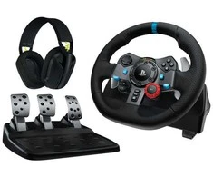 Logitech G29 Driving Force Žaidimų vairas ir pedalai + G435 Ausinės, skirta PC, PS3, PS4, PS5, Juoda