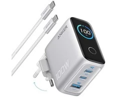 Įkroviklis Anker 100W, 3 Ports, Smart Ekranas (baltas) su 1.5 m. kabeliu