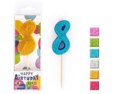 Trendhaus Birthday Fun - Skaičių žvakėsu blizgučiais - 8 (skirtingos spalvos) (8.8 cm)