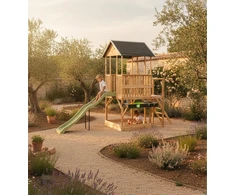 EXIT Panorama 550 wooden playhouse with slide, mud kitchen and sandpit