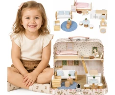 Lėlių namelis lagamine su mediniais baldais ir 20 priedų rinkiniu ECOTOYS