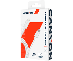 CANYON СFI-12, C tipo kabelis iki žaibo ,5V3A, 9V2.22A ,PD20W, maitinimo laidas:18AWG*4C, Signalo laidas:28AWG*4C, duomenų perdavimo greitis:30M/s, OD4.5MM,2M, PVC, baltas , Rohs