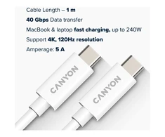 CANYON UC-44, kabelis, U4-CC-5A1M-E, USB4 TYPE-C į TYPE-C kabelių rinkinys 40G 1m 5A 240W(ERP) su E-MARK, CE, ROHS, baltas