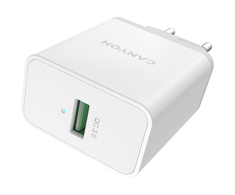 Canyon, Sieninis įkroviklis su 1*USB, QC3.0 18W, Įėjimas: 110V-240V, Išėjimas:Išėjimas: DC 5V/3A,9V/2A,12V/1.5A, Eu kištukas, OCP/OVP/OTP/SCP, CE , RoHS, ERP. Dydis: 89*46*26,5mm, 52g, Baltas