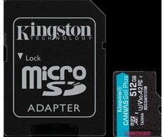 Atminties kortelė „Kingston Technology“ 512 GB „Micro SDXC Canvas Go Plus Gen4“ 200 MB/s A2 U3 V30 kortelė + adapteris
