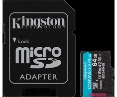 KINGSTON 64 GB Micro SDXC CANVAS GO! PLUS GEN4 200MB/S A2 U3 V30 KORTELĖ + ADAPTERIS