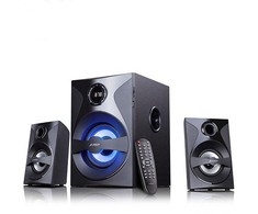 Kompiuterio kolonėlės Fenda F&amp;D F380X 2.1 daugialypės terpės garsiakalbiai, 54 W RMS (13 Wx2 + 28 W), 2x3 colių palydovai + 5,25 colių žemųjų dažnių garsiakalbis, BT 5.0 / NFC / AUX / USB / FM / SD kortelių skaitytuvas / kelių spalvų LED / LED Ekranas / nuotolinio valdymo pultas /Medinis/Juodas