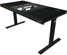 Lorgar Dual-motor sit/stand adjustable-height gaming desk with built-in PC case, wireless charger, RGB lighting, control panel, and USB jungtys, PB melamine surface tabletop, juodas.